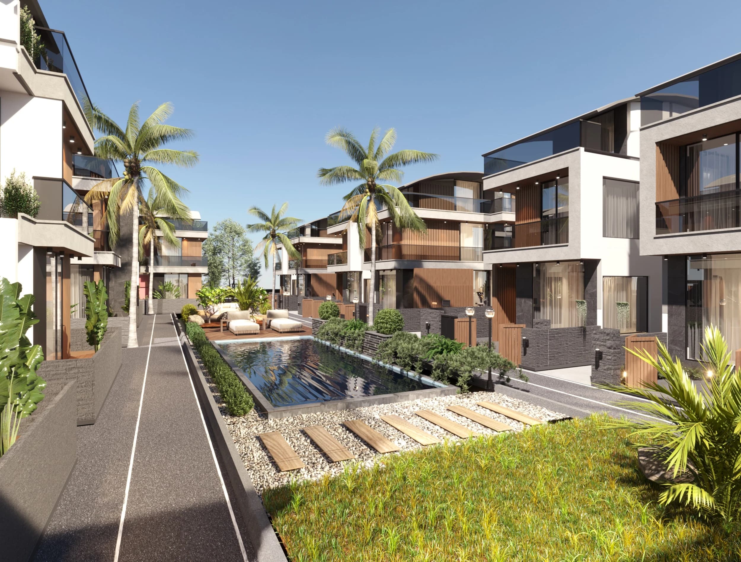 Belek 22 — havuz ve konut blokları, 3D görselleştirme