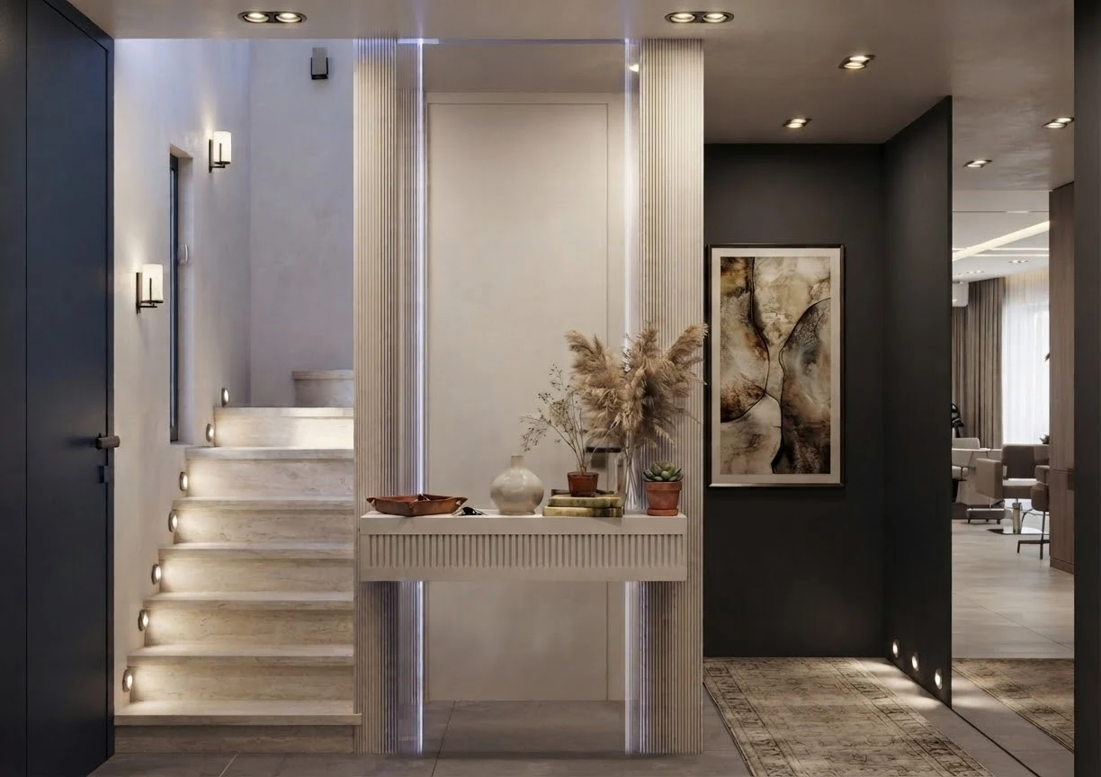 M-U Evi — giriş ve merdiven, 3D görselleştirme